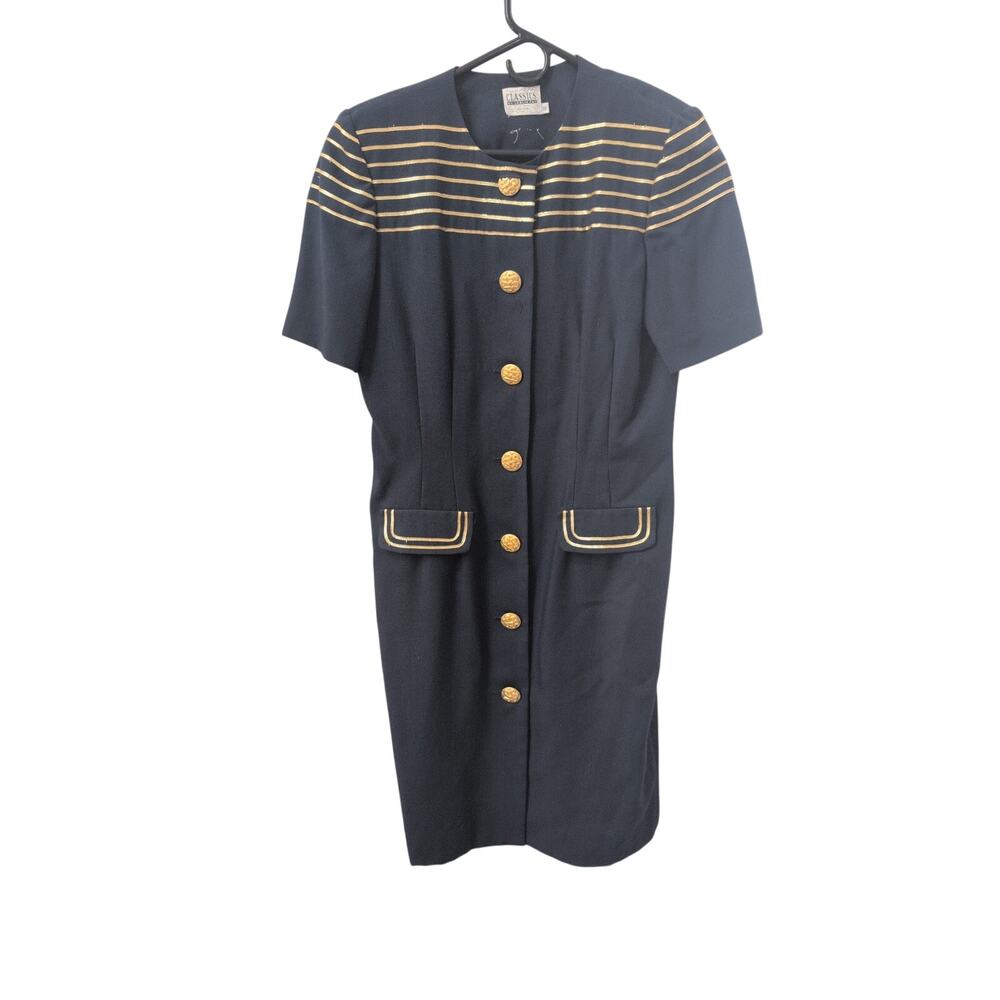 Vintage Leslie Faye Navy Blazer Dress Gold Buttons Size 12 Classic Power Dress - Picture 2 of 4